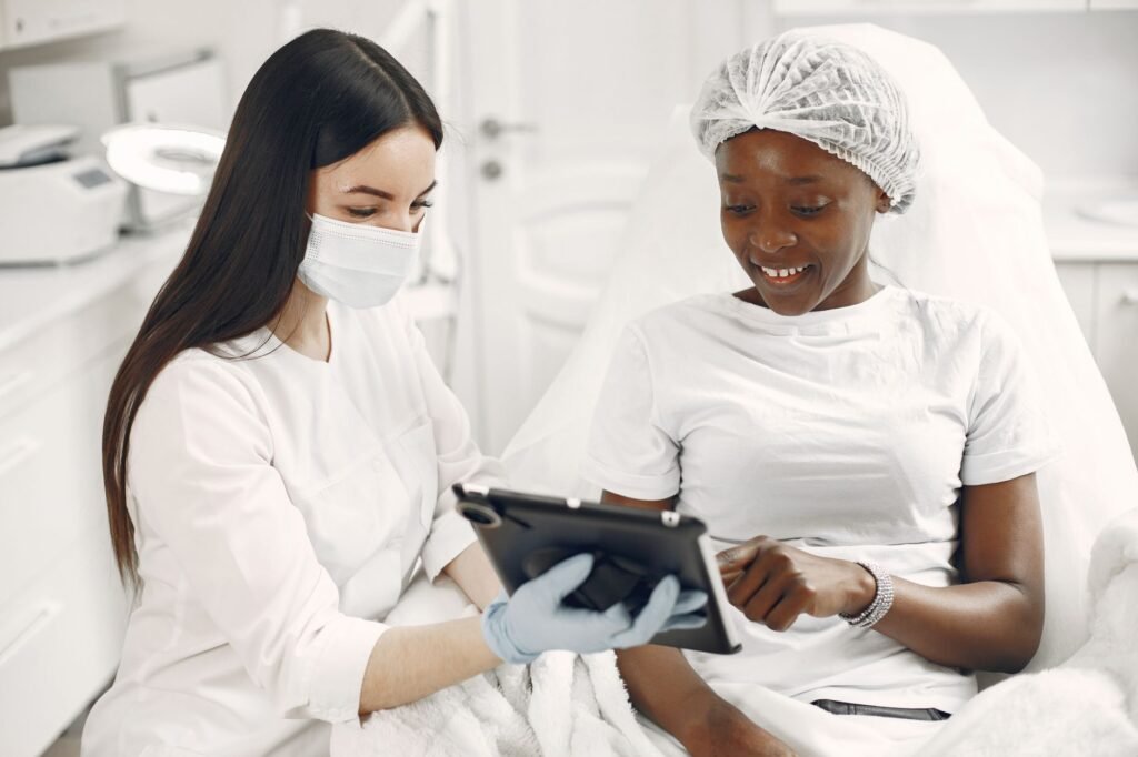 Patient consulting with a skincare professional about treatment options