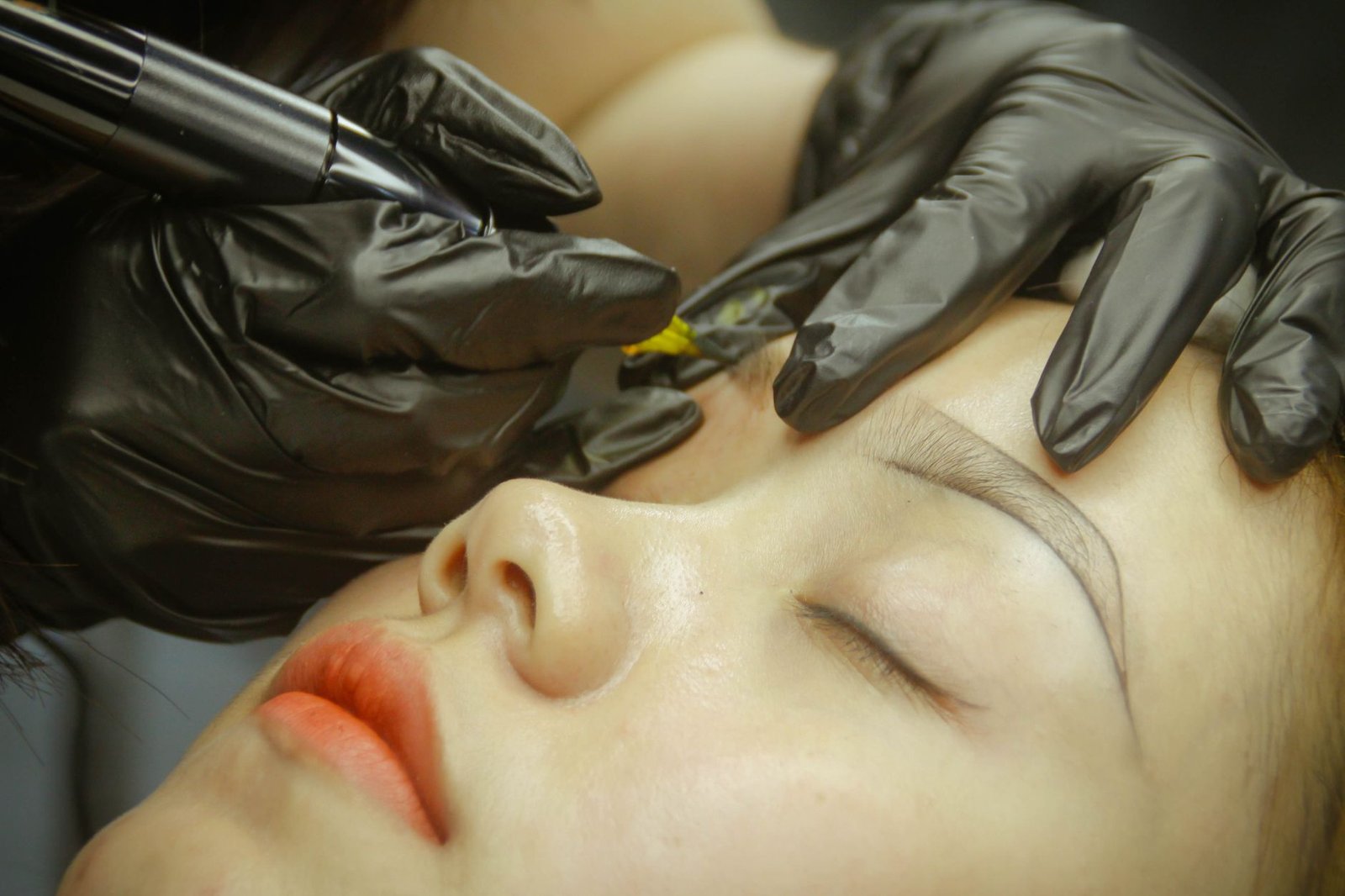 Close-up of natural microbladed eyebrows